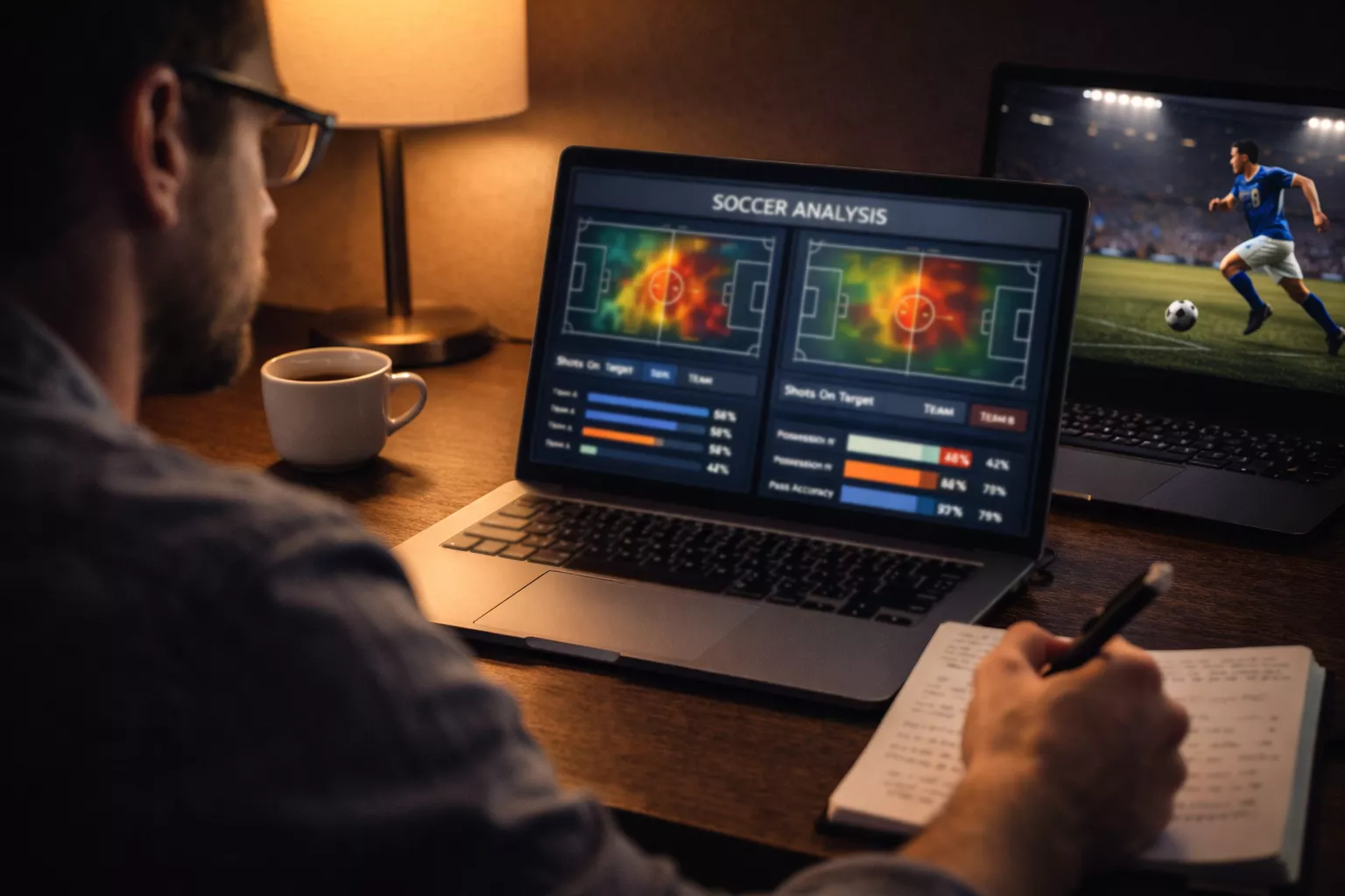 Persona che analizza statistiche calcistiche su un laptop con appunti e grafici