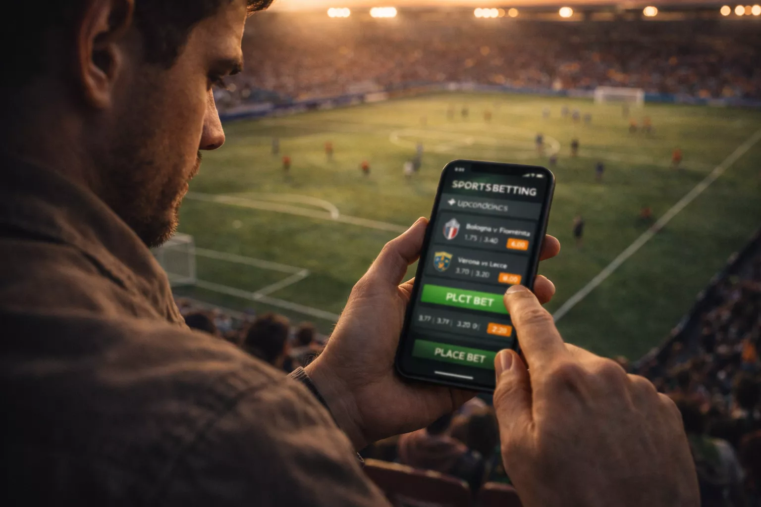 Tifoso di calcio che costruisce una scommessa personalizzata sullo smartphone durante una partita