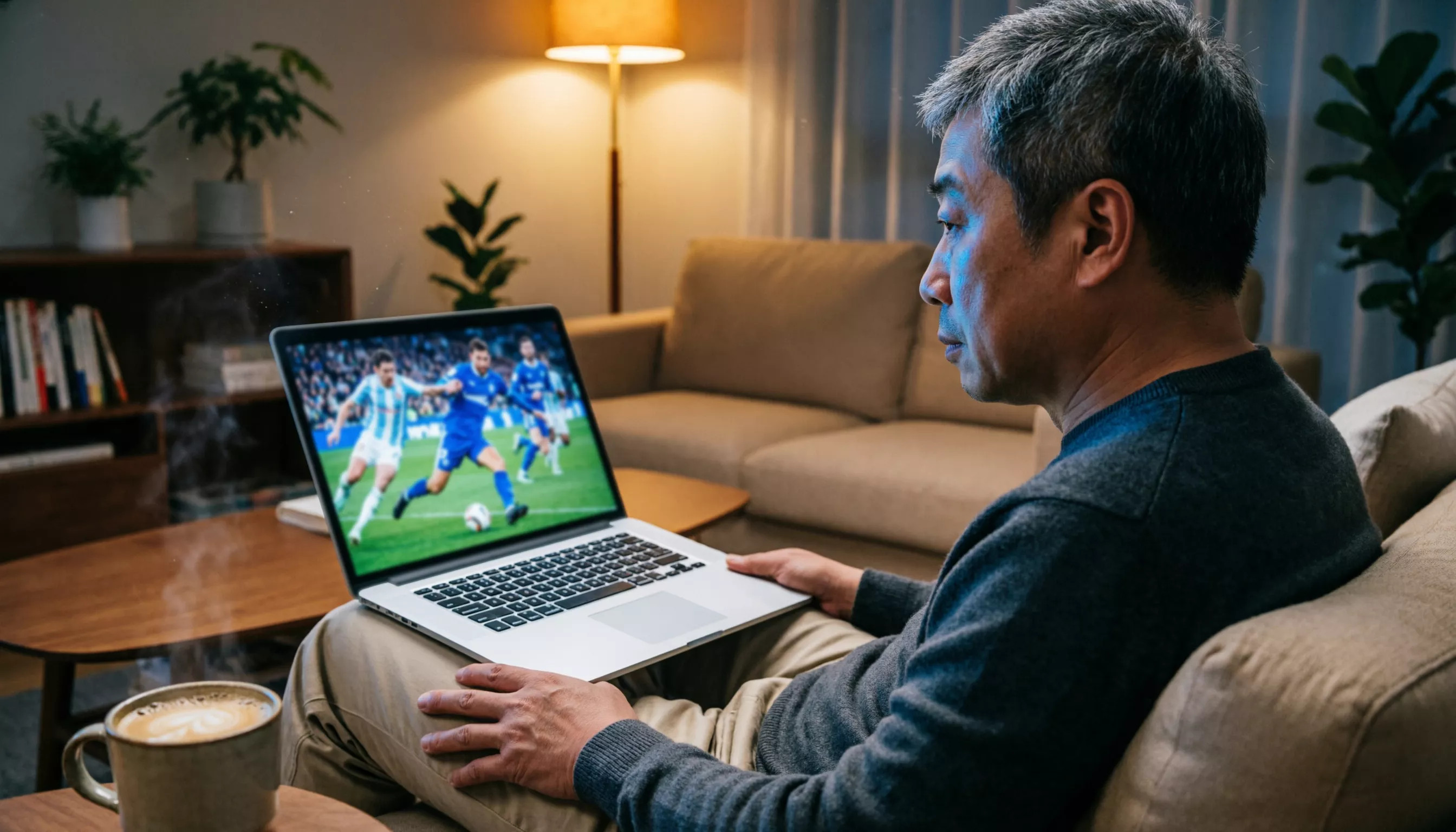 Persona che guarda una partita di calcio in streaming su laptop in un ambiente domestico