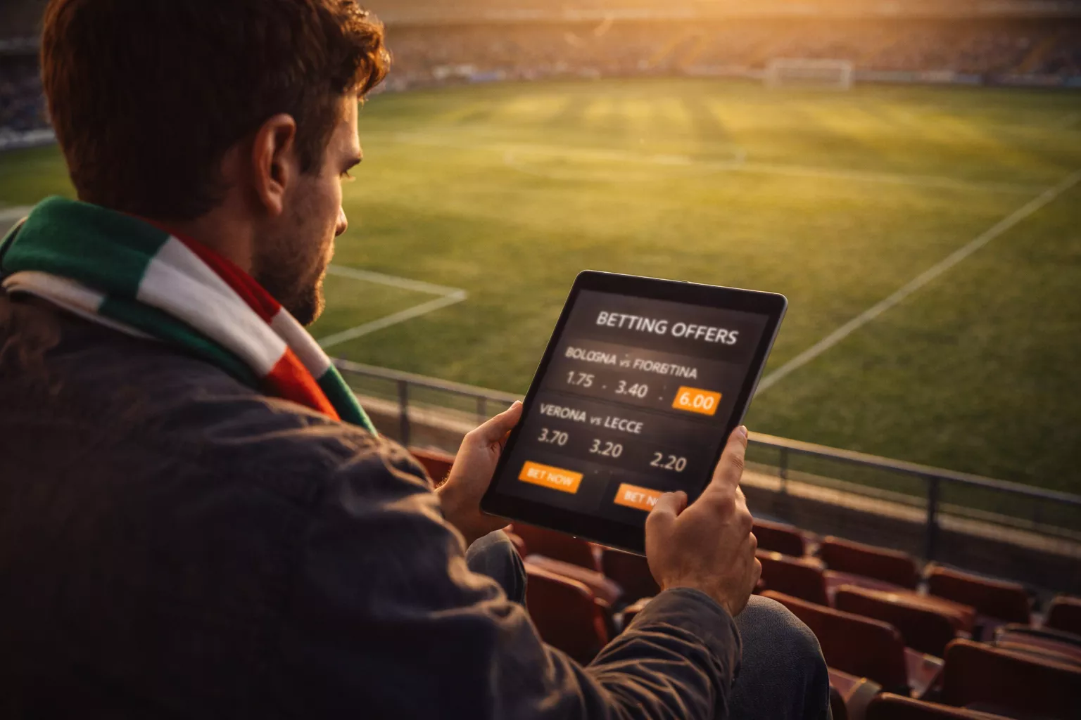 Tifoso di calcio che esamina offerte bonus su uno schermo in uno stadio italiano al tramonto