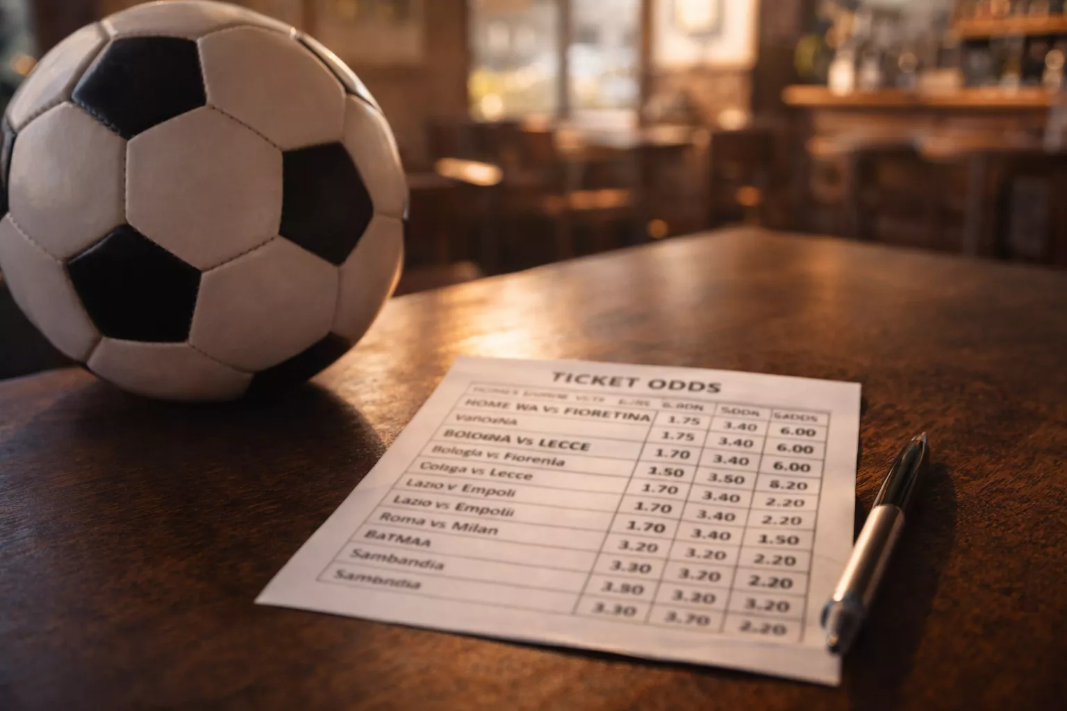 Schedina multipla di scommesse calcio con diverse partite selezionate su un tavolo accanto a un pallone