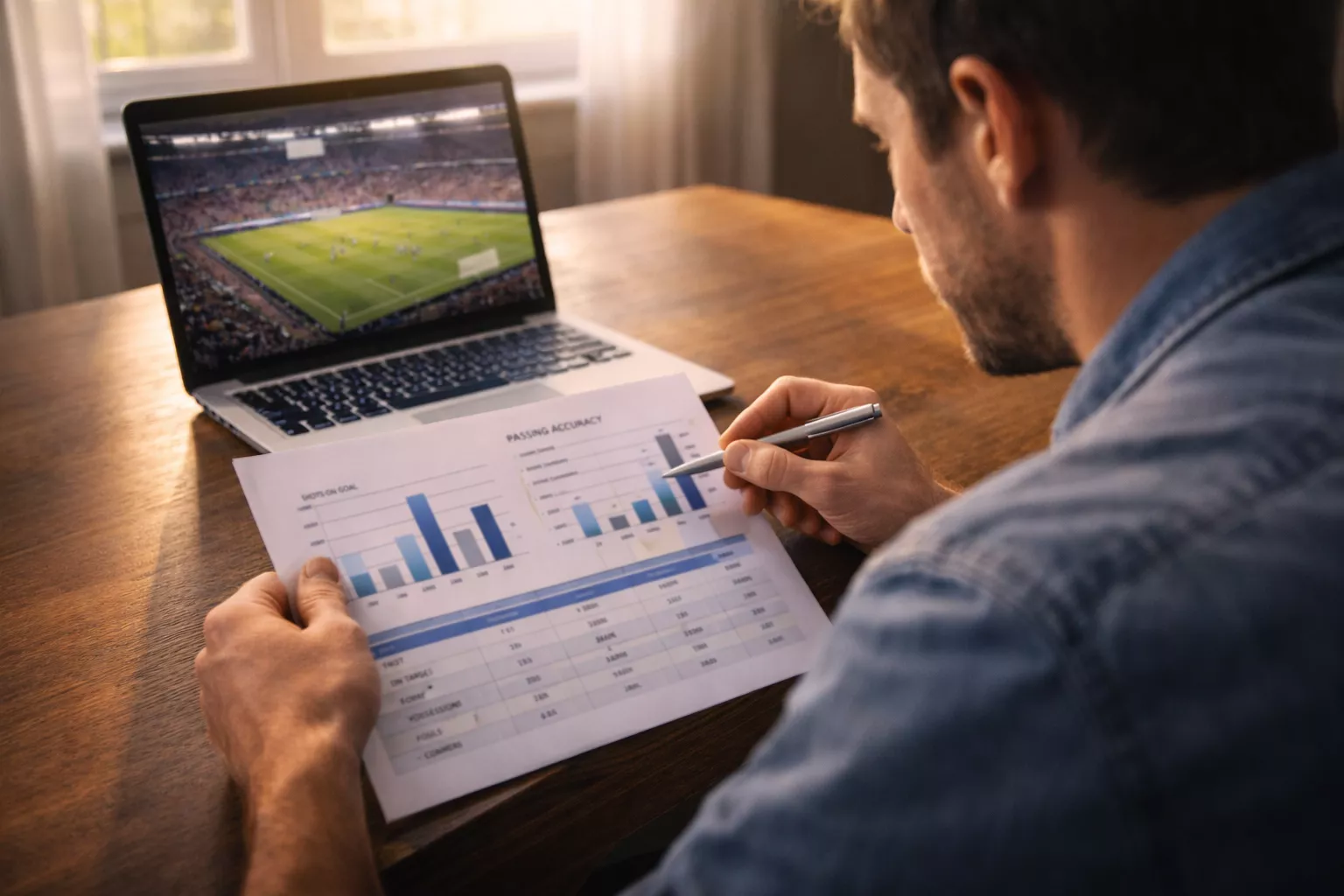 Persona che analizza statistiche calcistiche su un foglio con dati e un laptop aperto