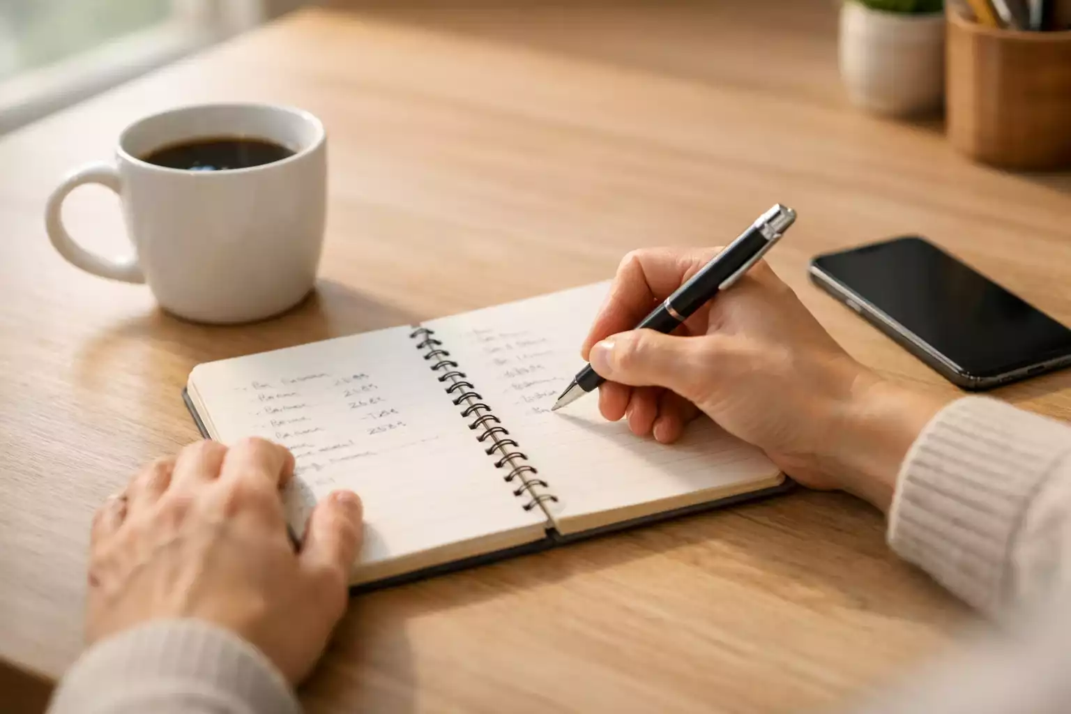 Persona che pianifica il budget con blocco note e penna