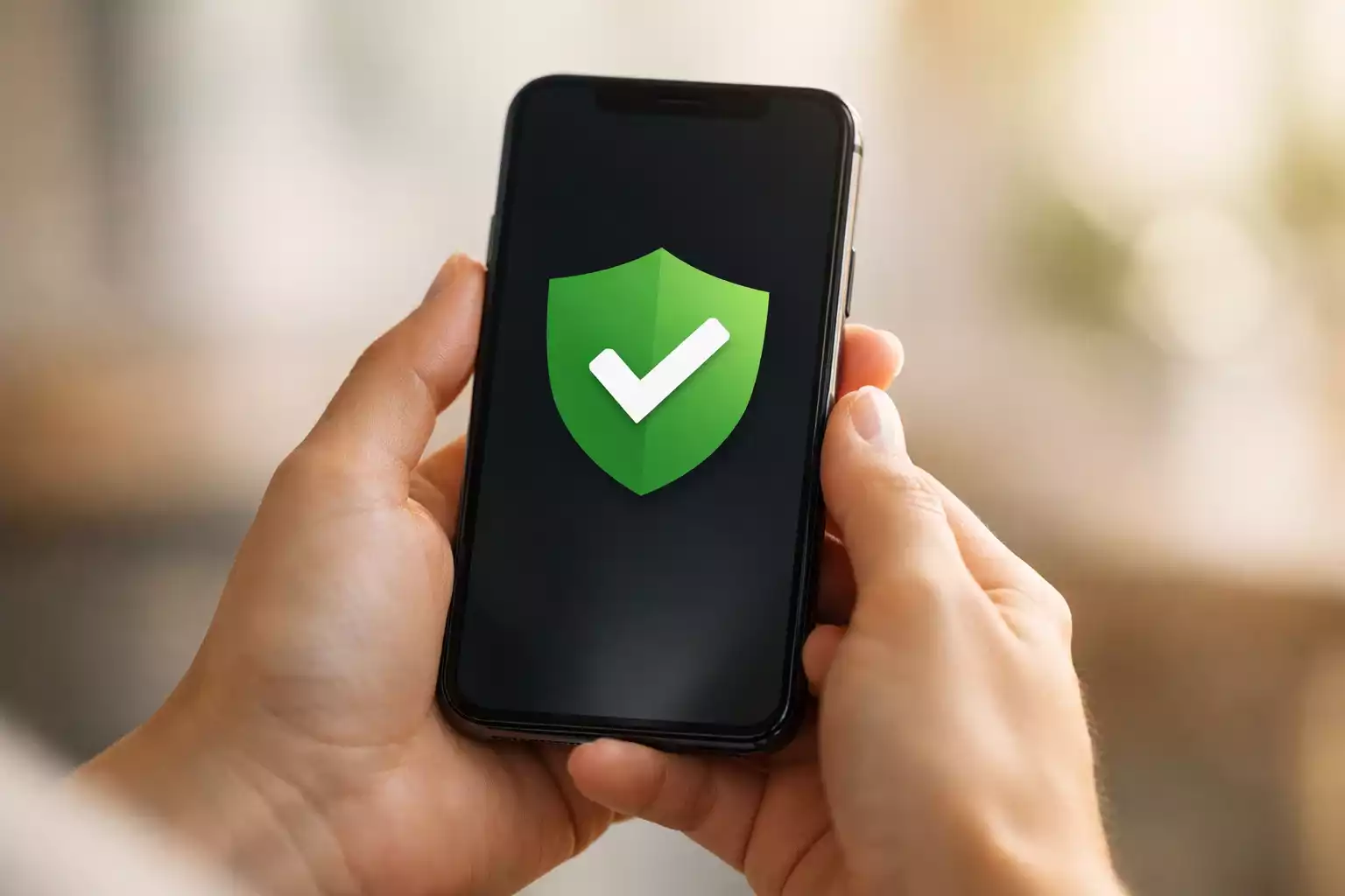 Mani che tengono un telefono con simbolo di protezione e sicurezza