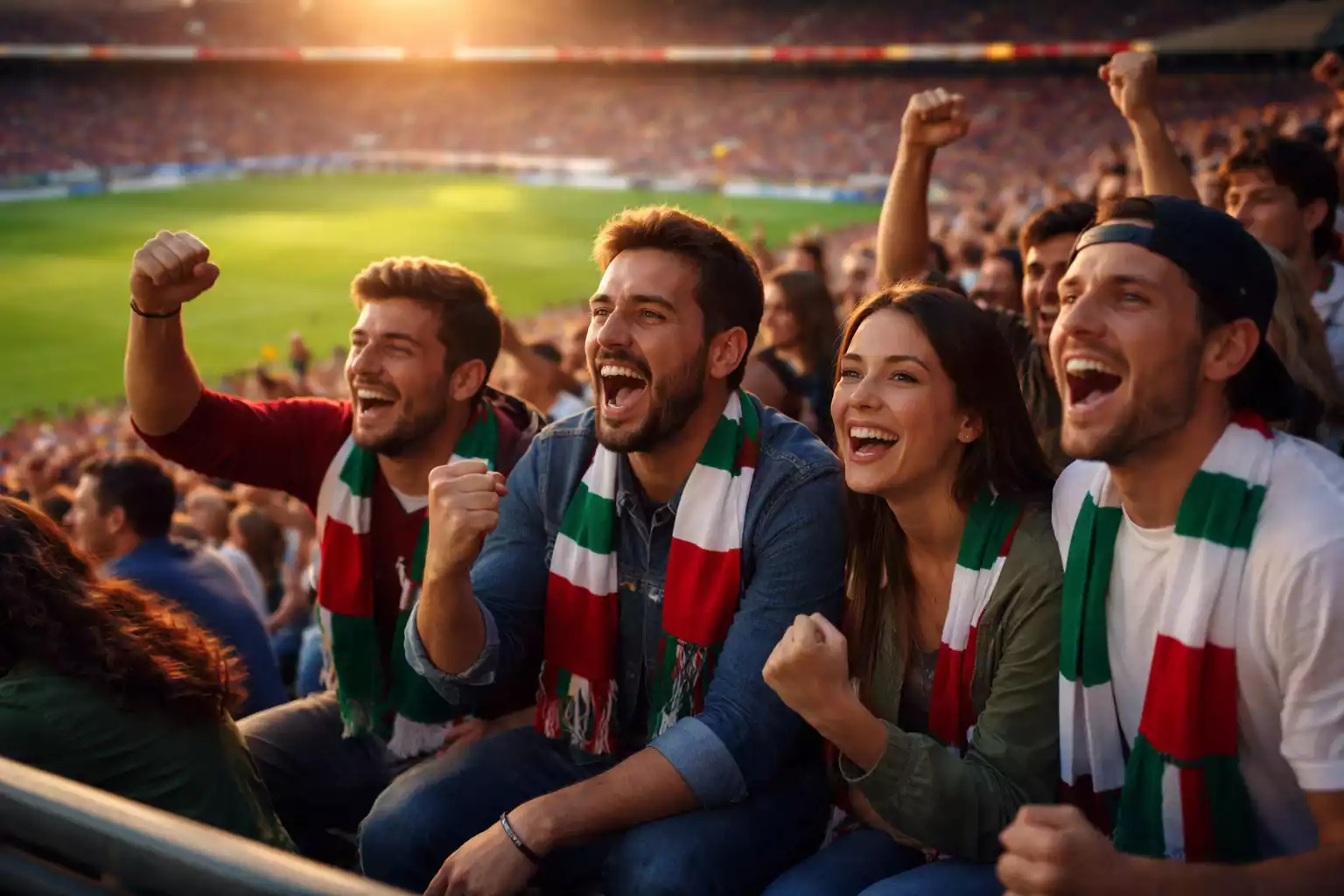 Tifosi italiani che guardano una partita di calcio allo stadio con atmosfera serale