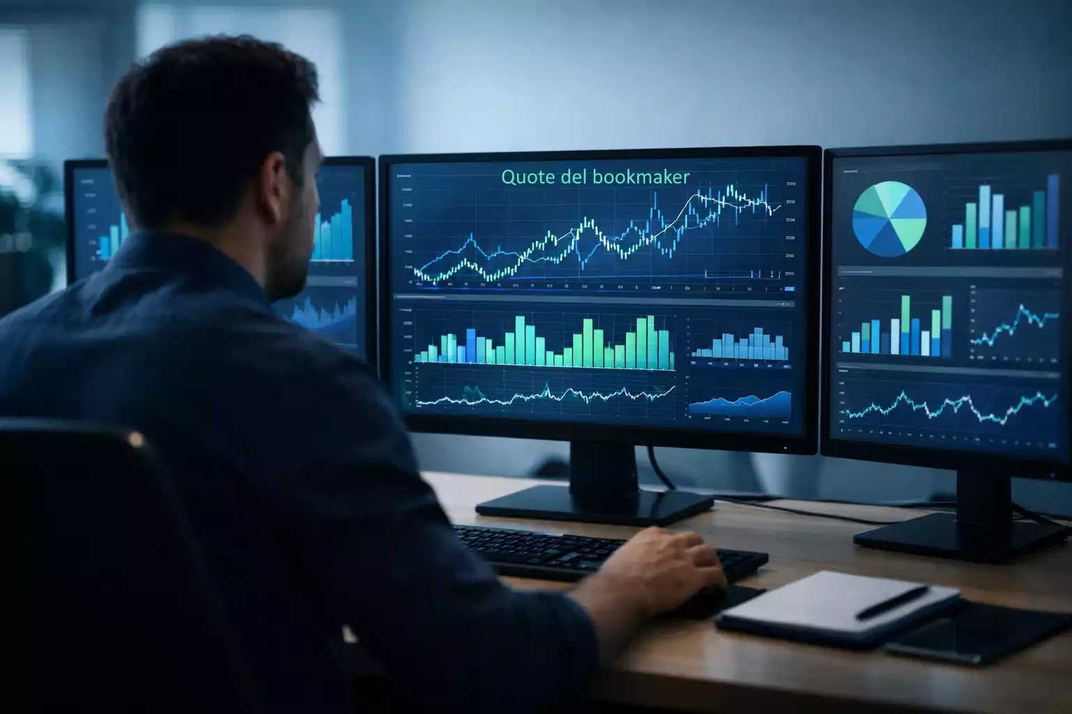 Analista che lavora con grafici e statistiche su scrivania moderna