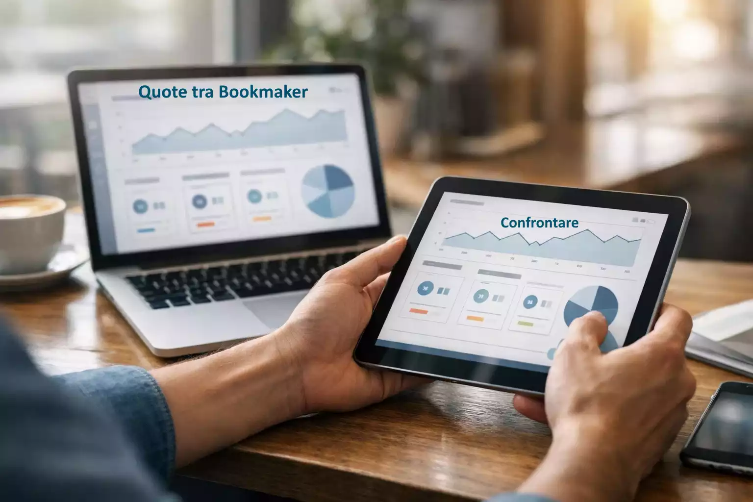 Persona che confronta diverse schermate su tablet e laptop