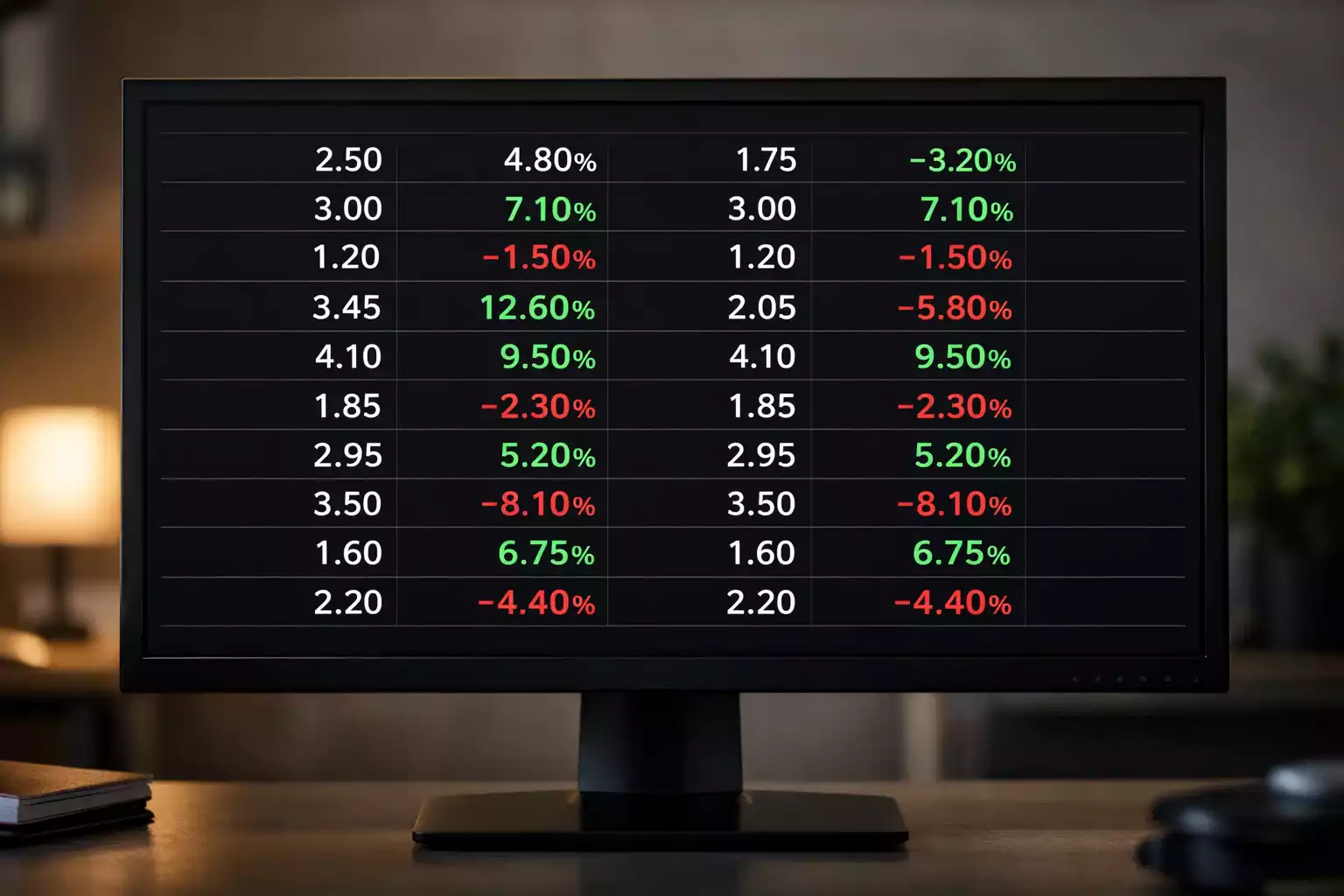 Monitor con numeri e percentuali visualizzati in formato chiaro
