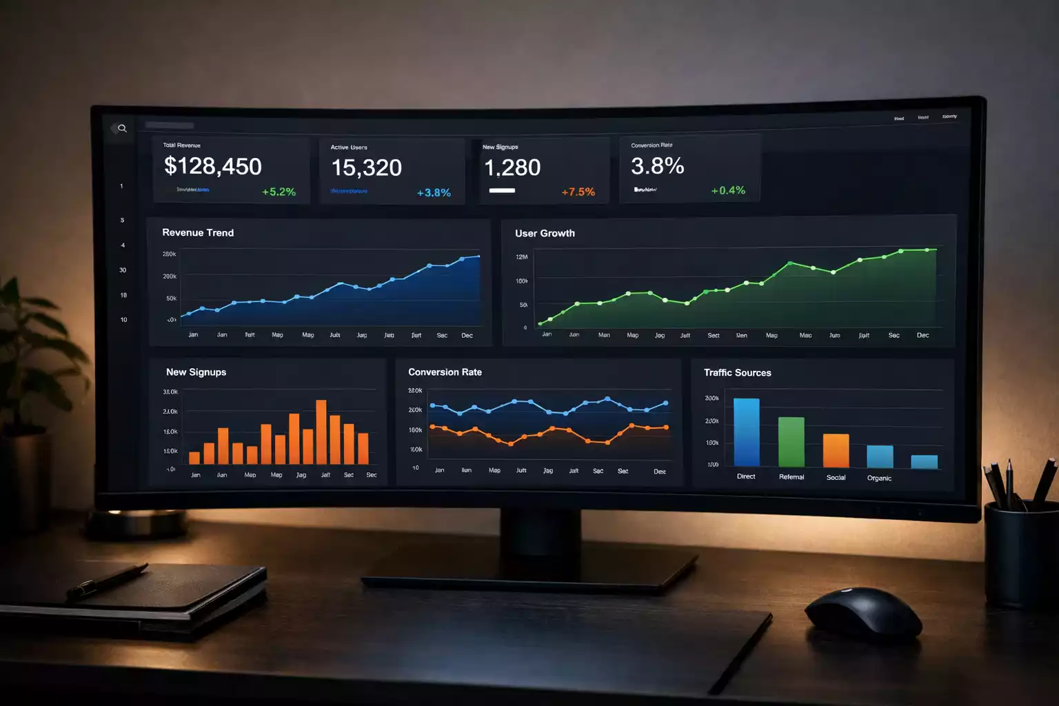 Dashboard con grafici di andamento e metriche su schermo