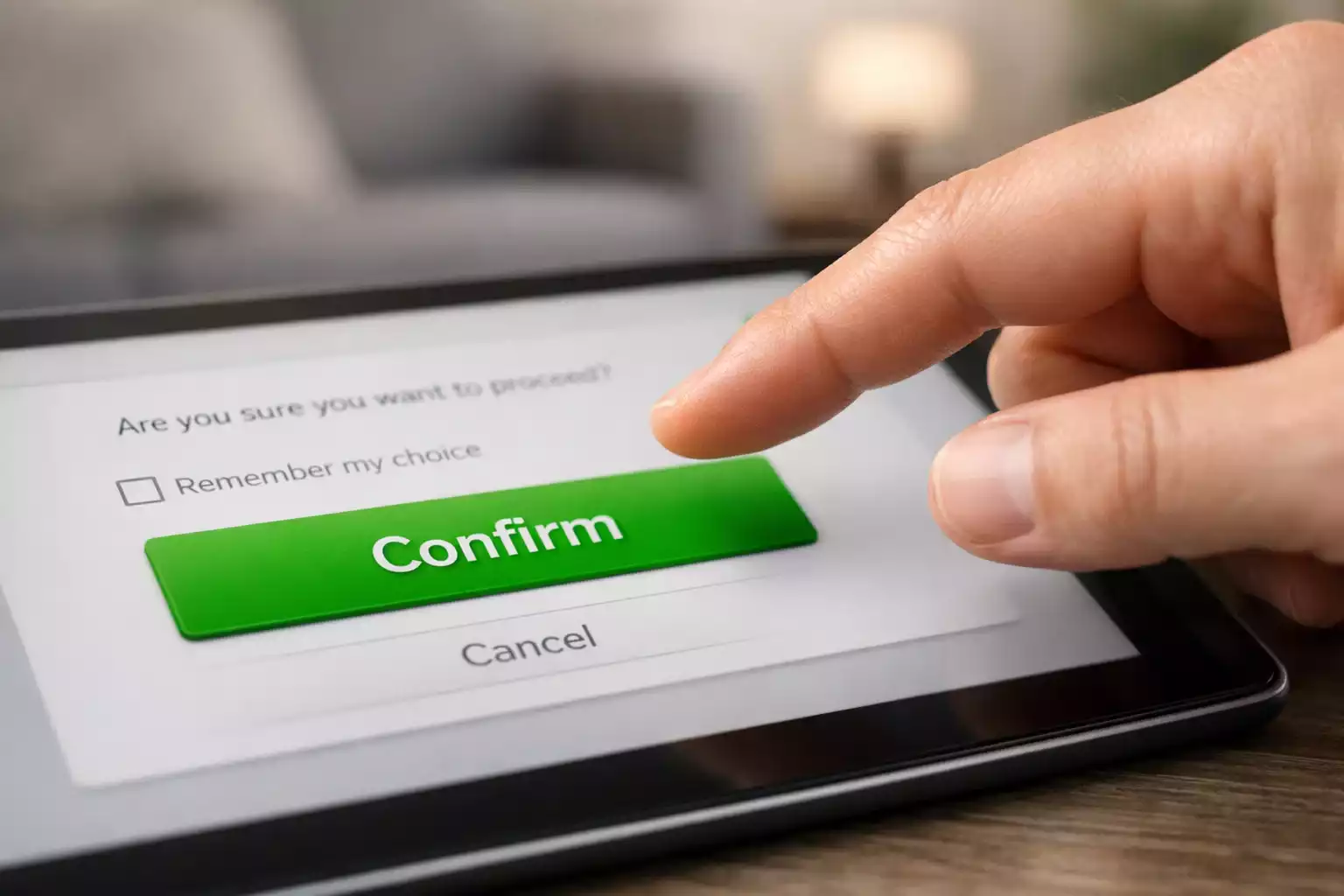 Mano che tocca il pulsante di conferma su tablet