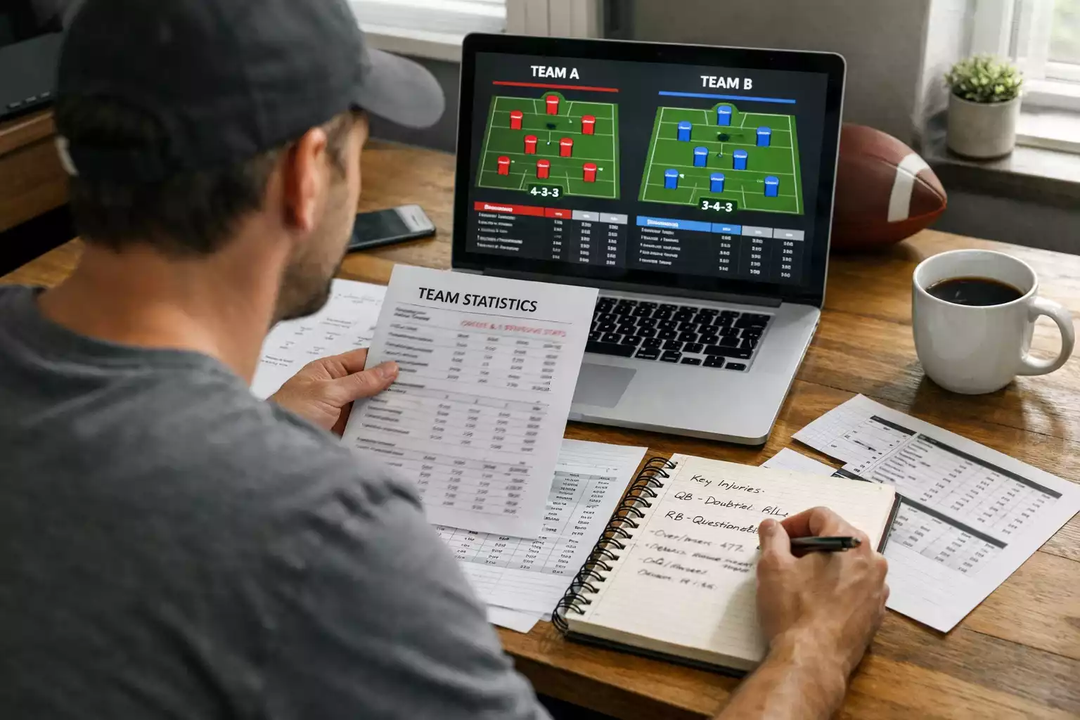 Analista sportivo che studia statistiche delle squadre di calcio