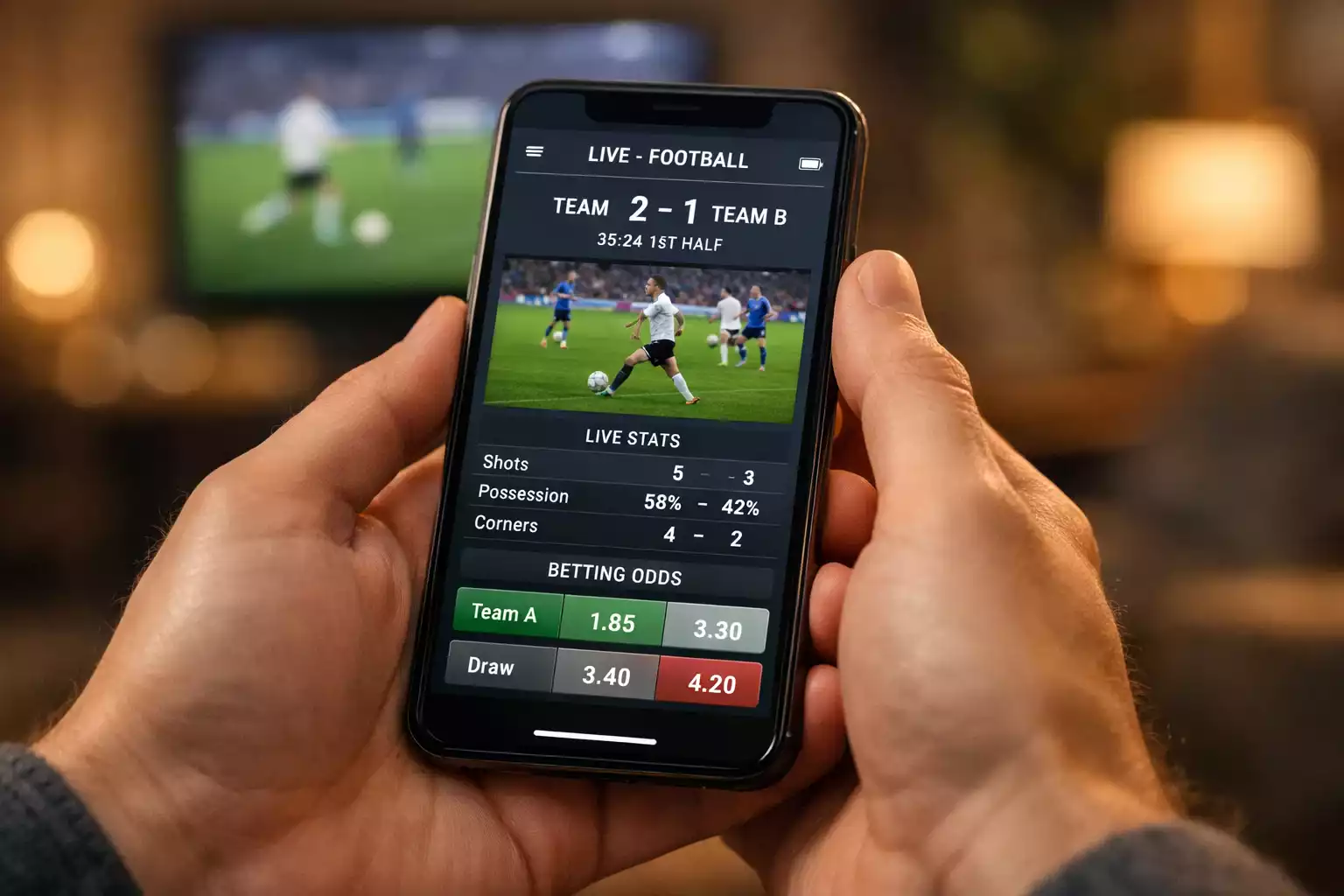 Smartphone con app di scommesse sportive durante una partita