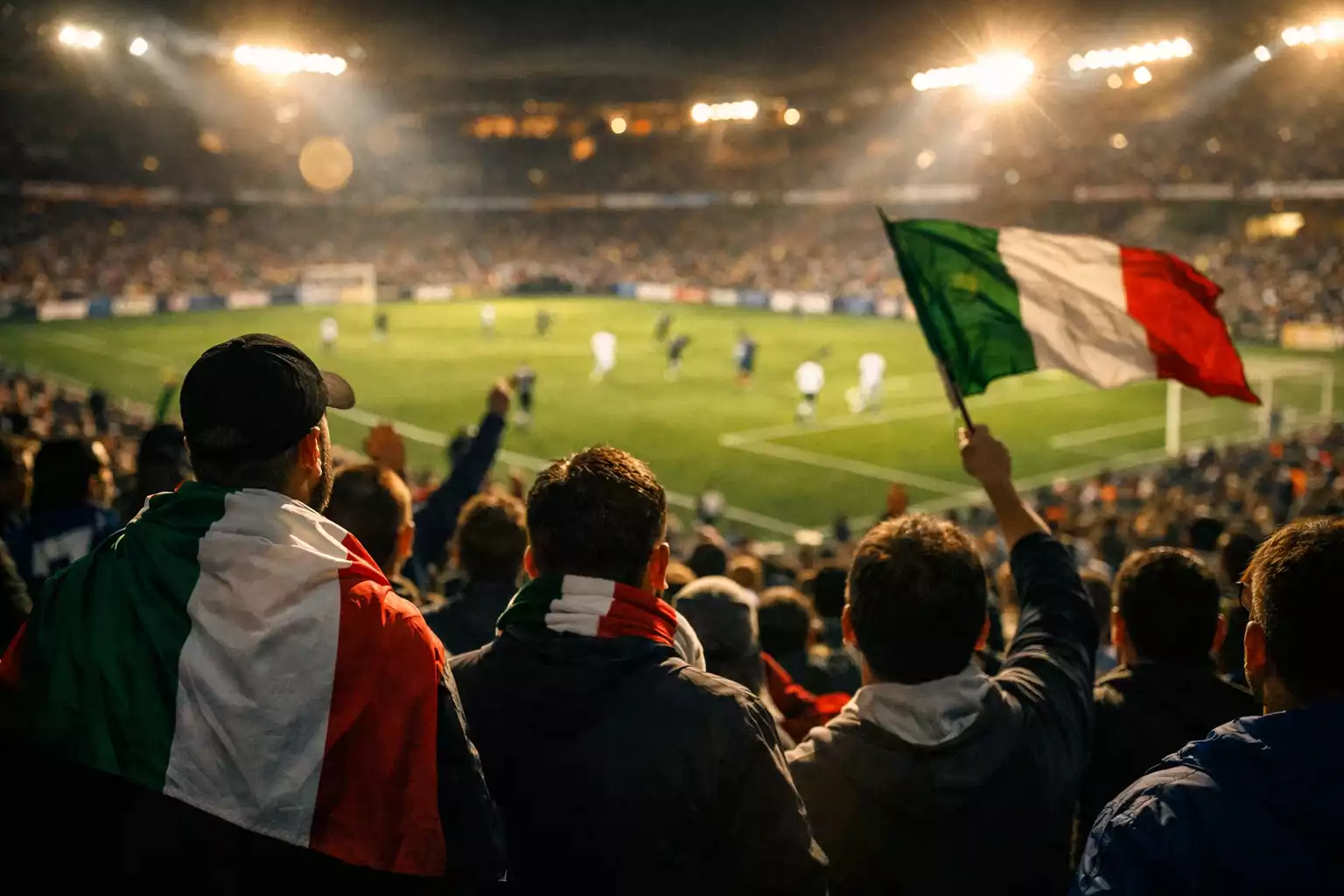 Tifosi allo stadio che seguono una partita di calcio in diretta