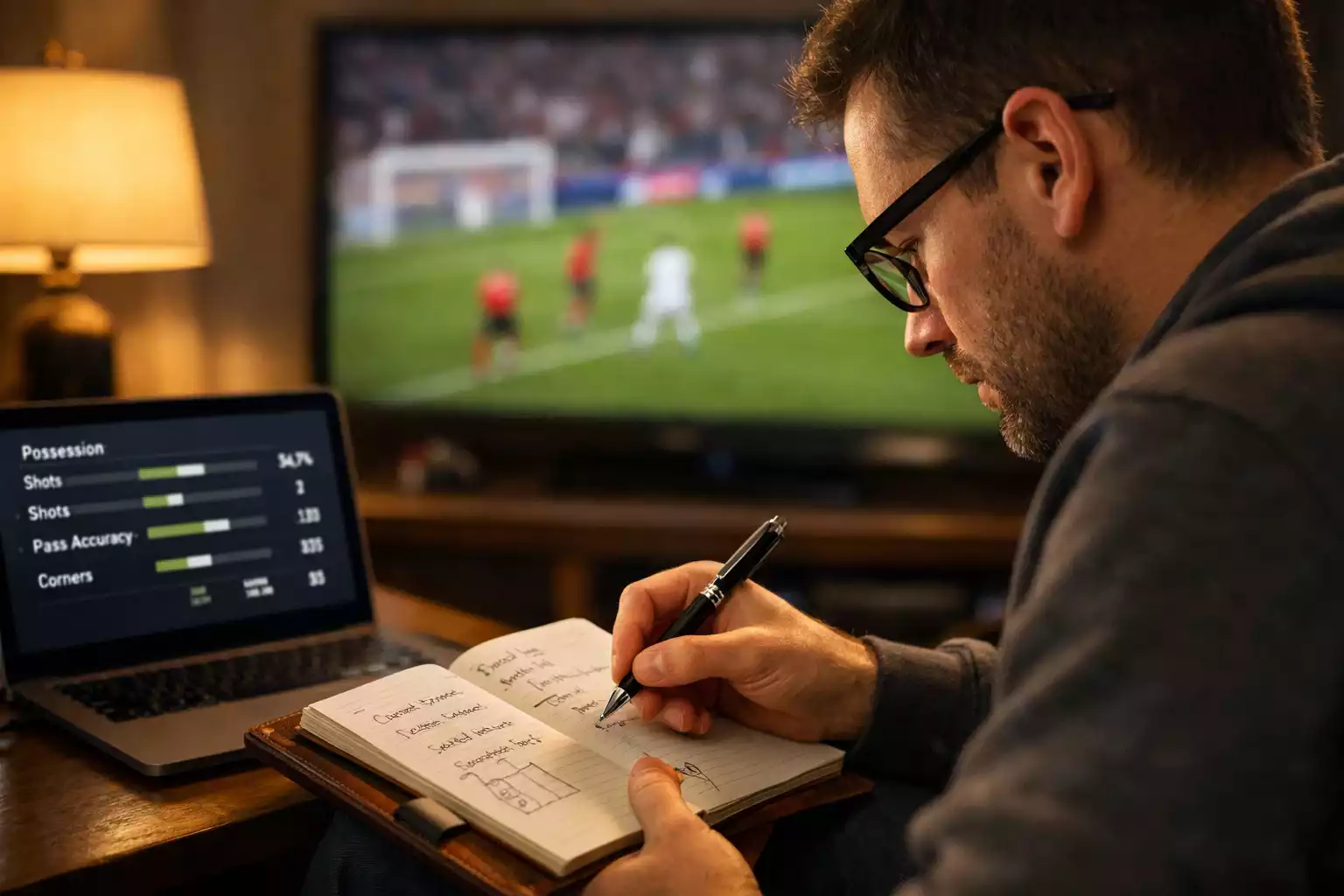 Persona concentrata che prende appunti mentre guarda il calcio