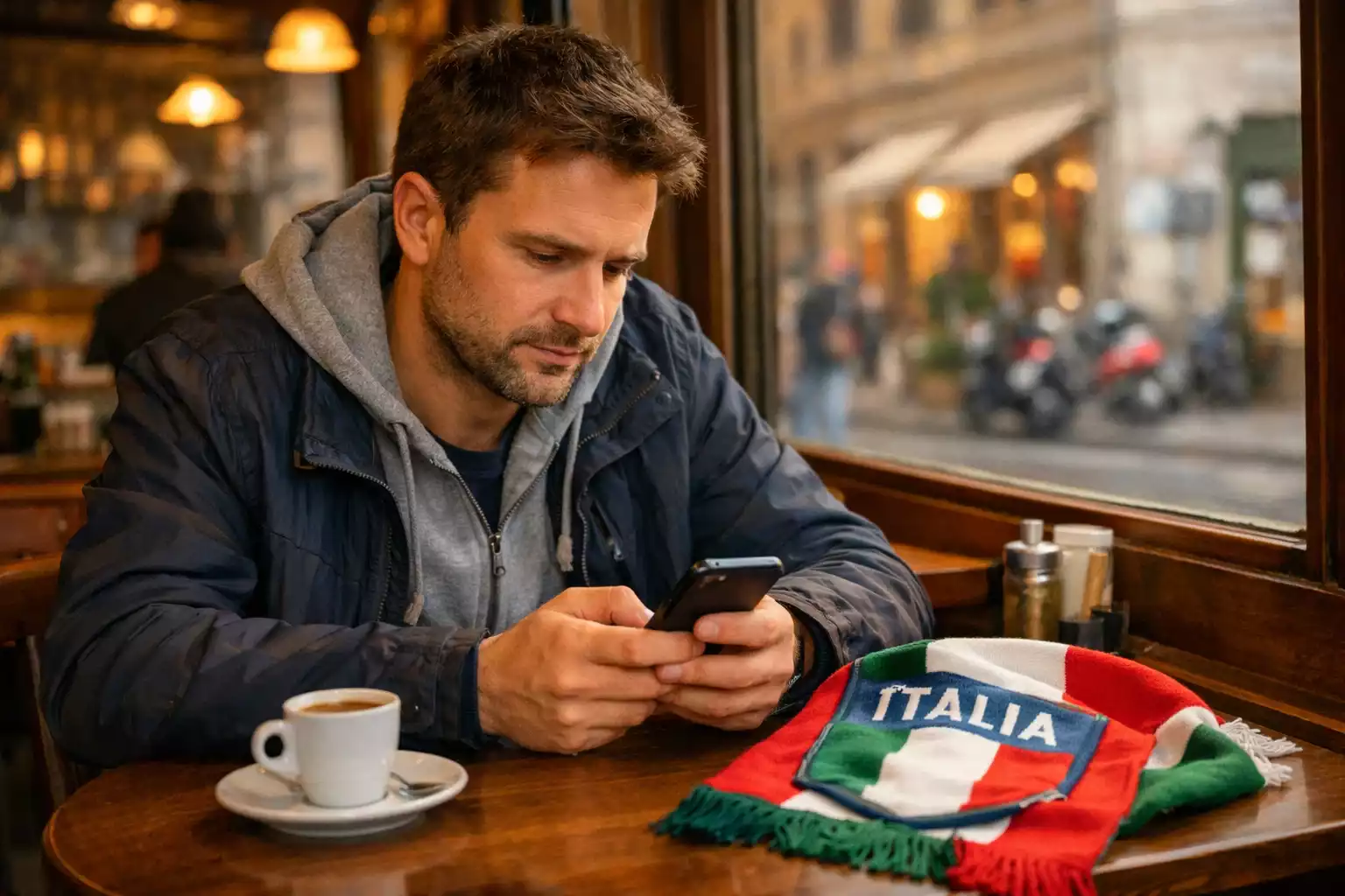 Tifoso italiano che consulta smartphone prima della partita