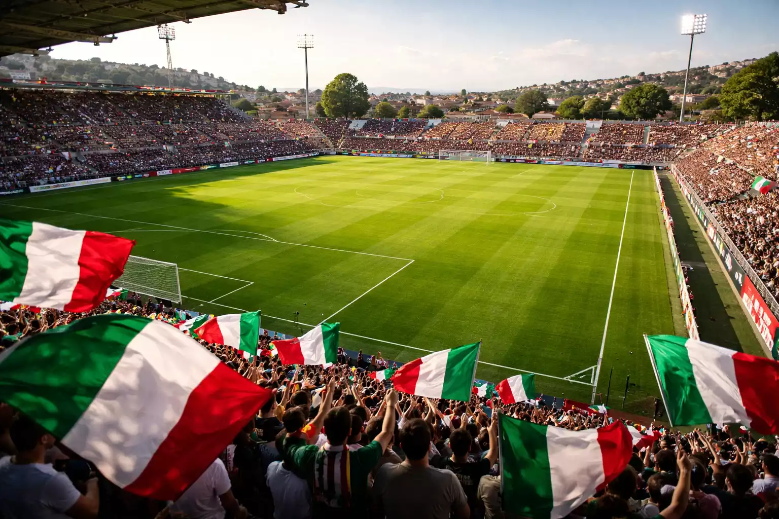 Campo da calcio italiano con bandiera tricolore sugli spalti