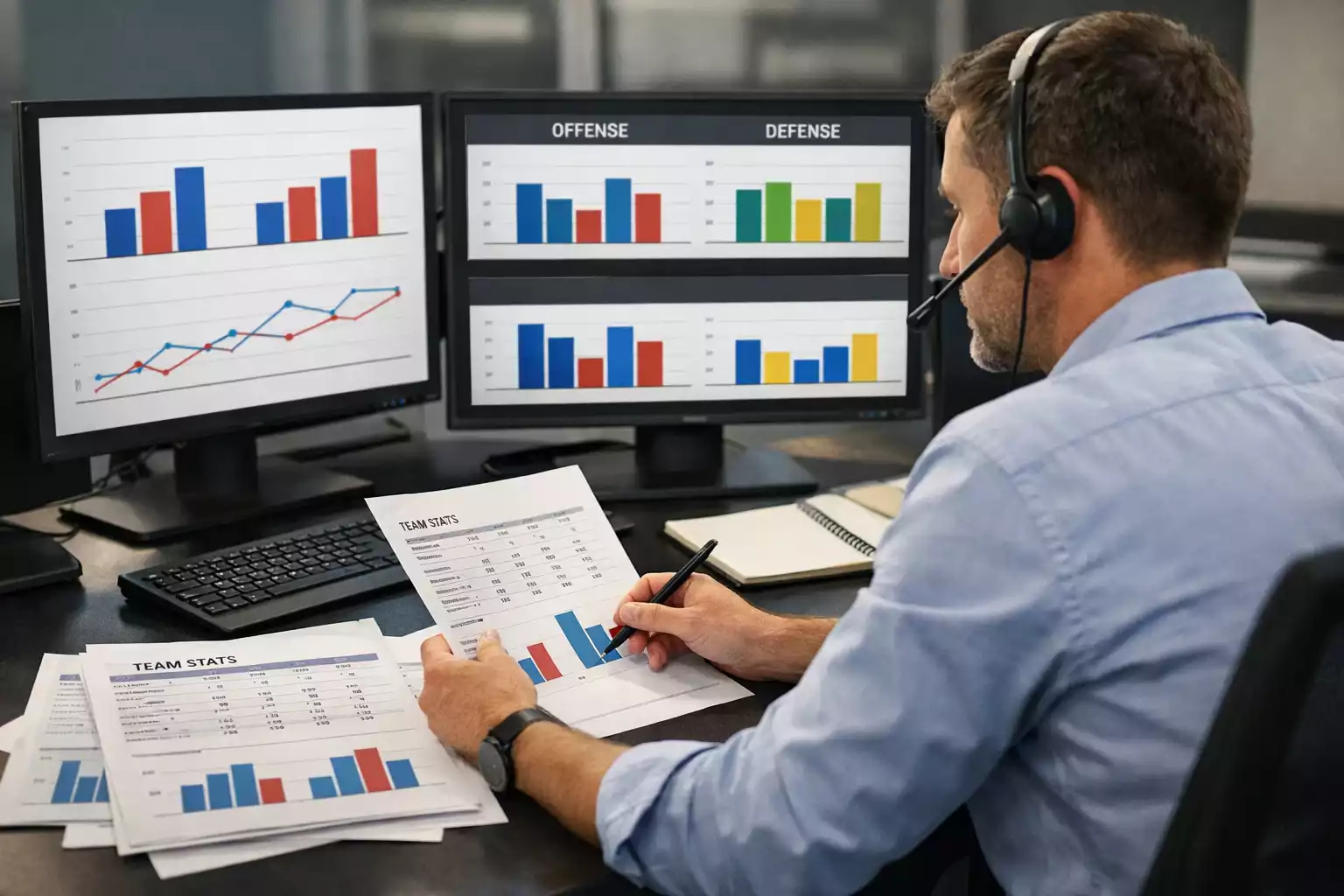 Analista che studia grafici e dati statistici del calcio