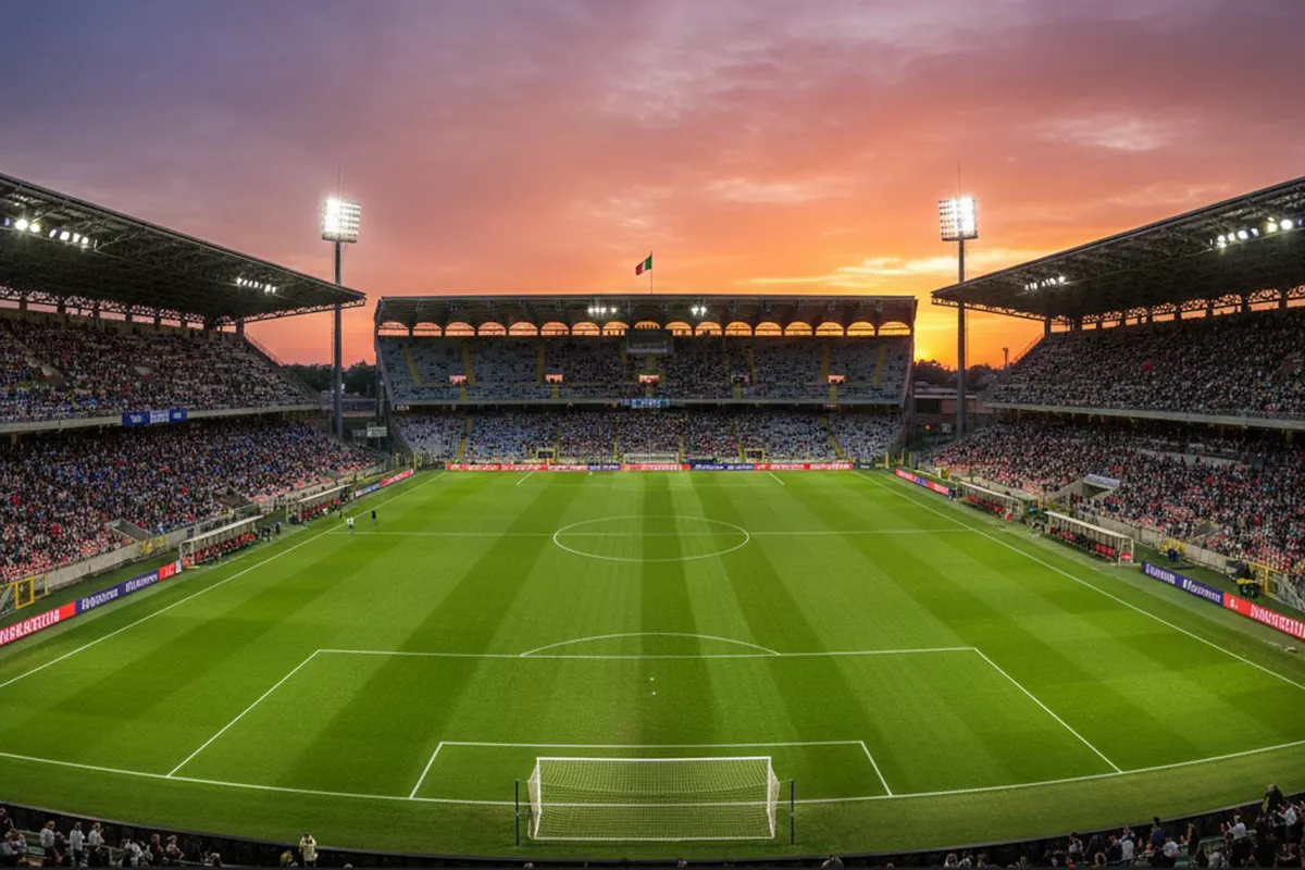 Panoramica di uno stadio di Serie A italiano prima di una partita serale