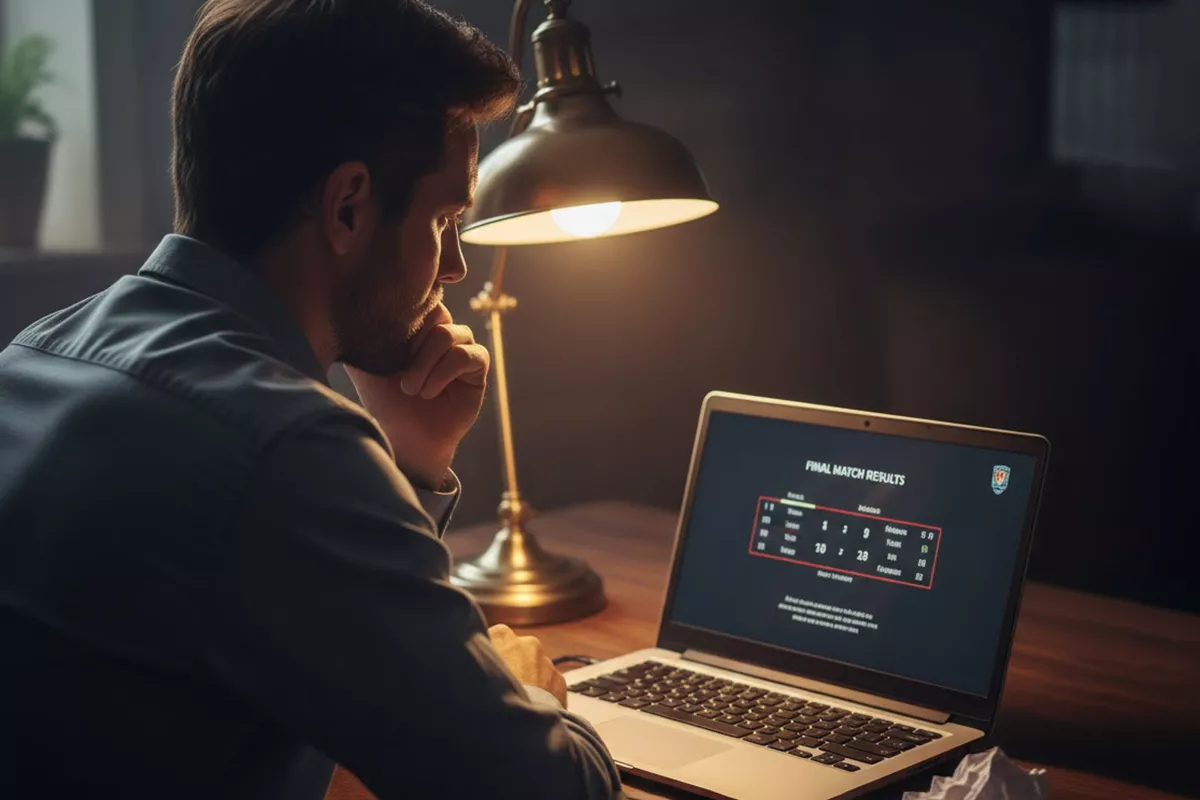 Uomo pensieroso davanti a uno schermo con risultati di partite di calcio