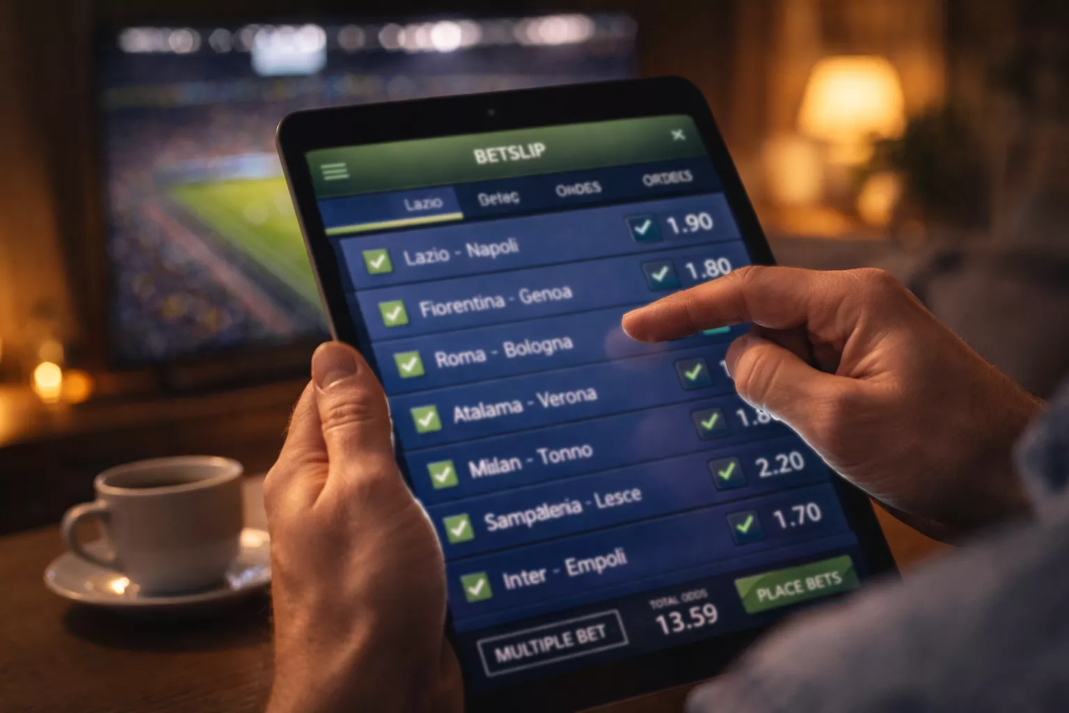 Mani di una persona che compongono una scommessa multipla su tablet durante una partita di calcio