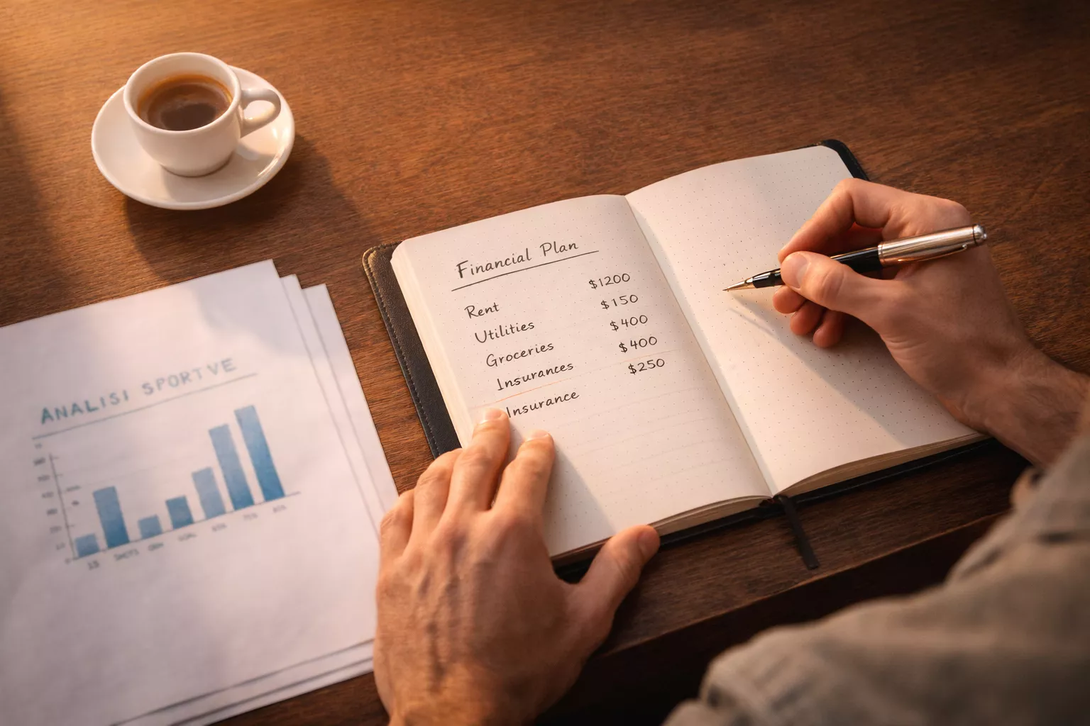 Persona che organizza un piano finanziario con blocco note e penna su una scrivania ordinata