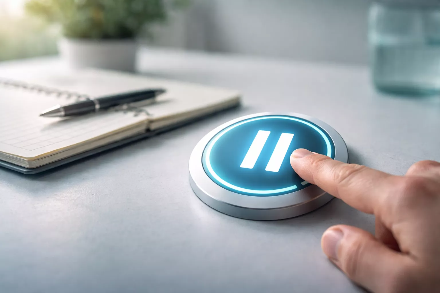 Mano che preme un pulsante di pausa simbolico, concetto di gioco responsabile nelle scommesse