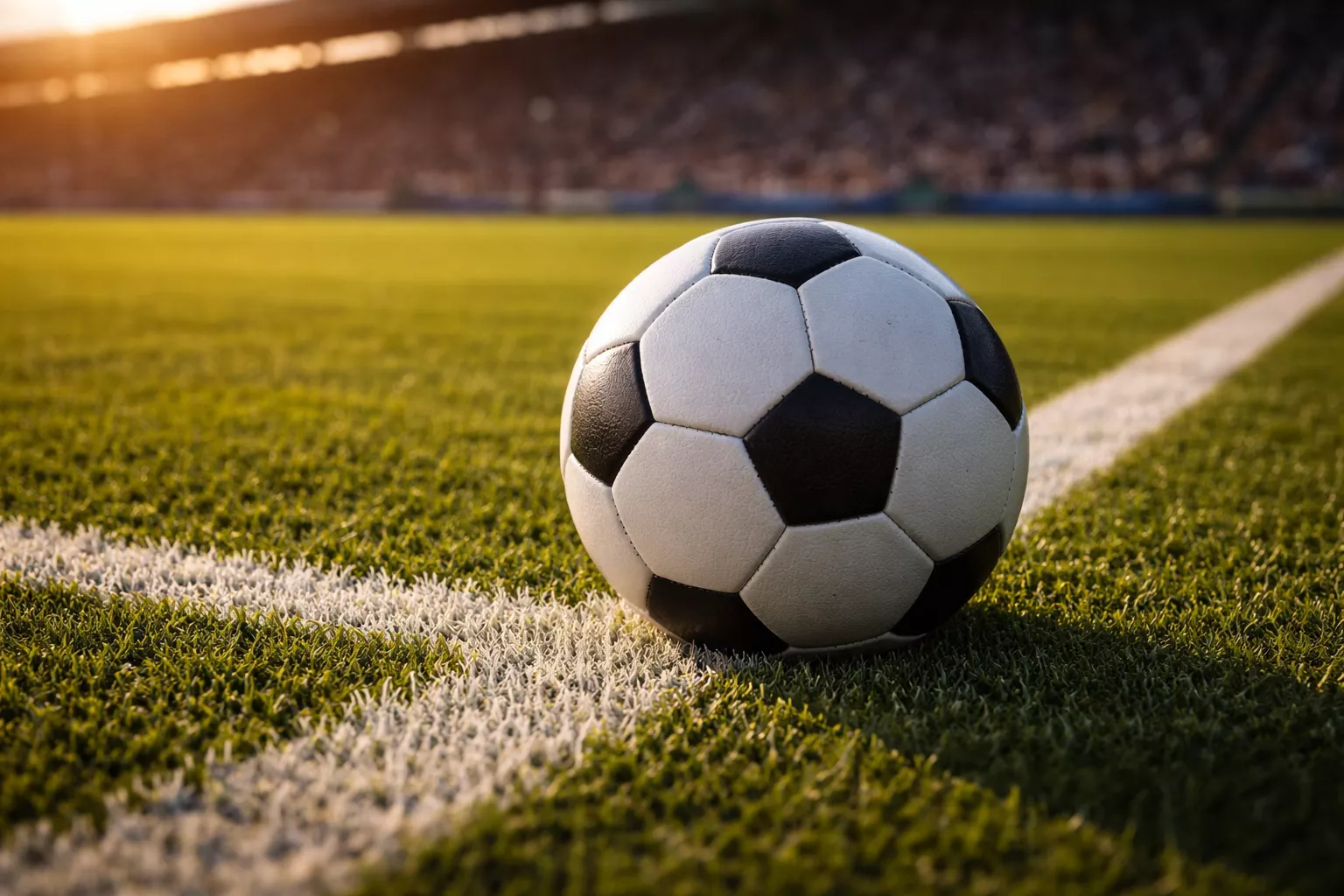 Primo piano di un pallone da calcio sul terreno di gioco con le linee del campo visibili