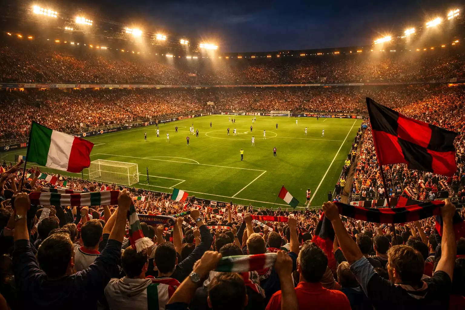 Stadio di calcio italiano illuminato durante una partita serale