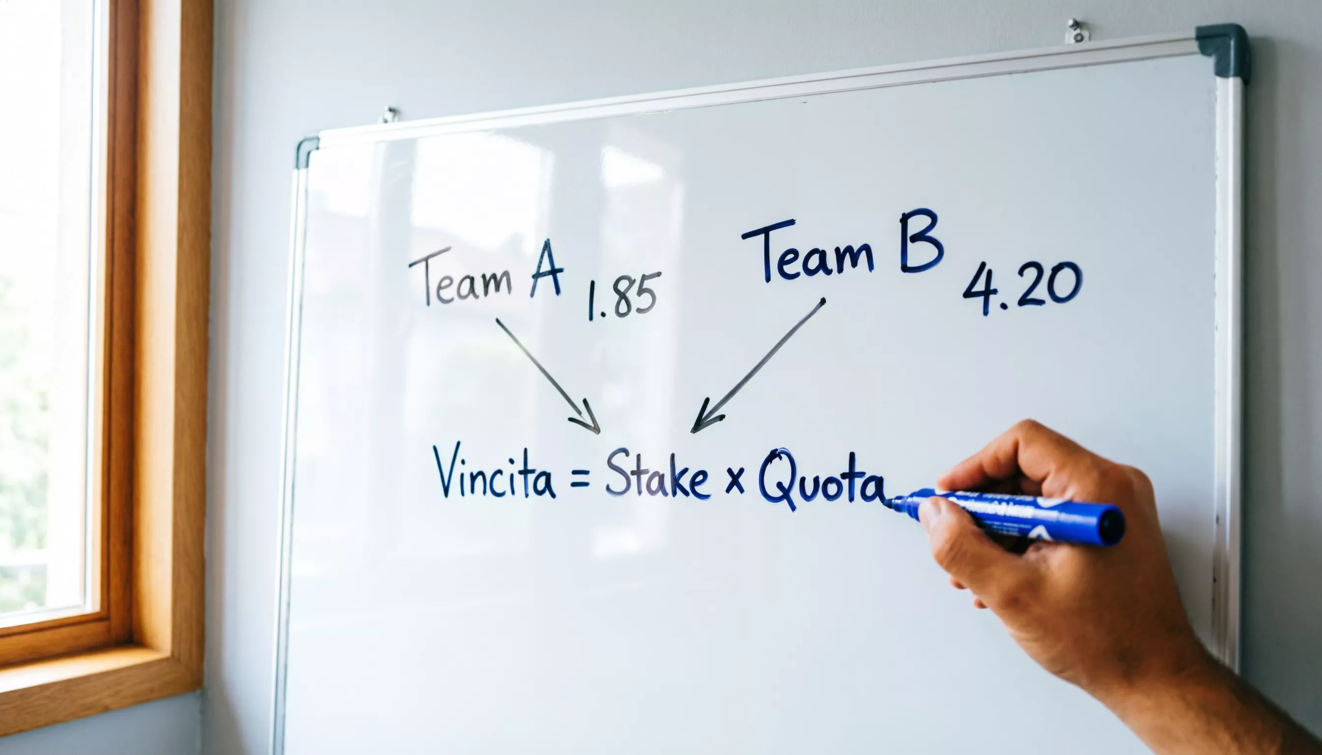 Lavagna con spiegazione visiva delle quote decimali per una partita di calcio