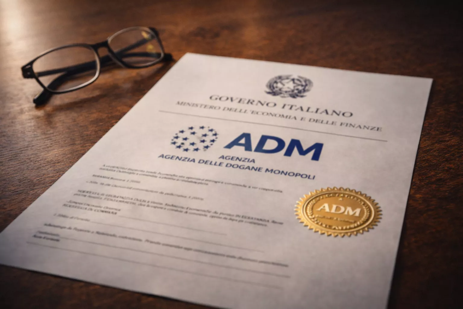 Documento ufficiale con logo ADM e timbro di approvazione su una scrivania ordinata