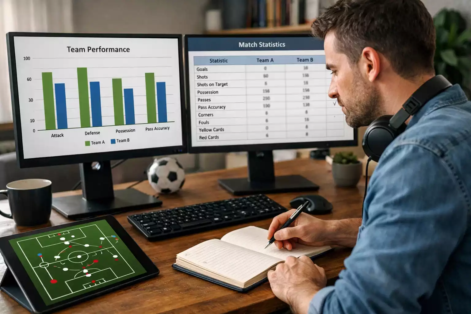 Analista sportivo che studia statistiche di calcio su monitor