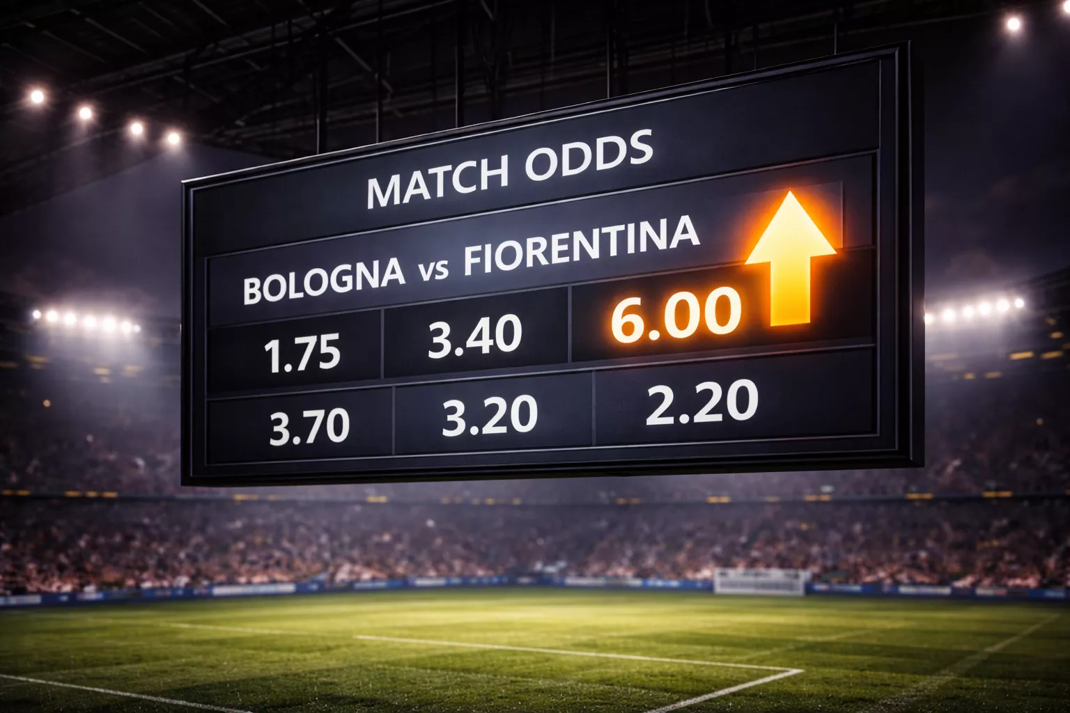Tabellone quote di una partita di calcio con freccia verso l'alto che indica quota maggiorata