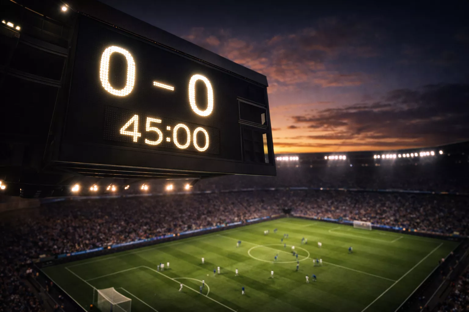 Tabellone segnapunti di uno stadio di calcio con il campo illuminato sullo sfondo