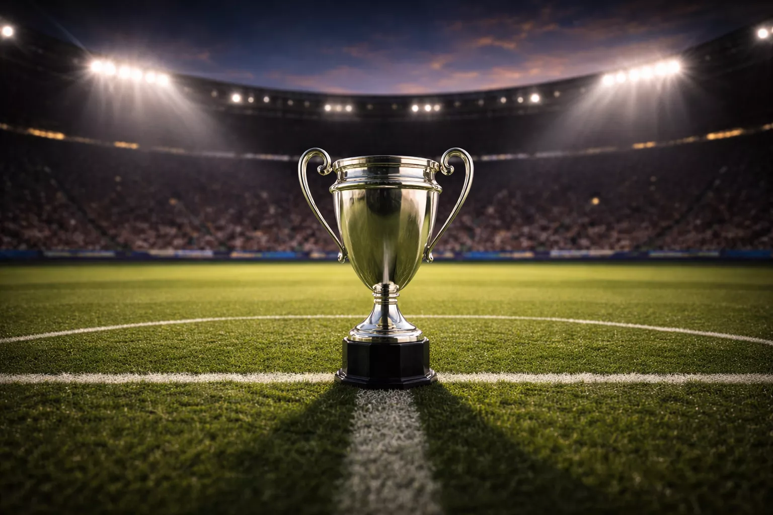 Trofeo della Serie A su un campo da calcio illuminato con atmosfera di inizio stagione