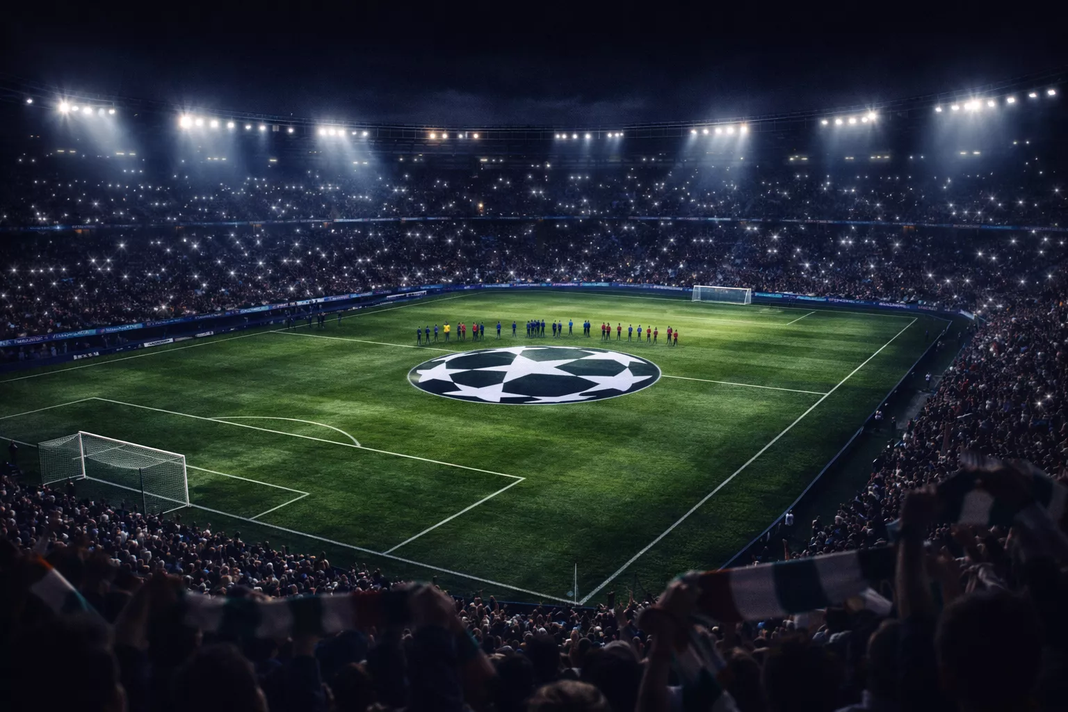 Stadio di Champions League di notte con il cerchio di stelle luminoso al centro del campo