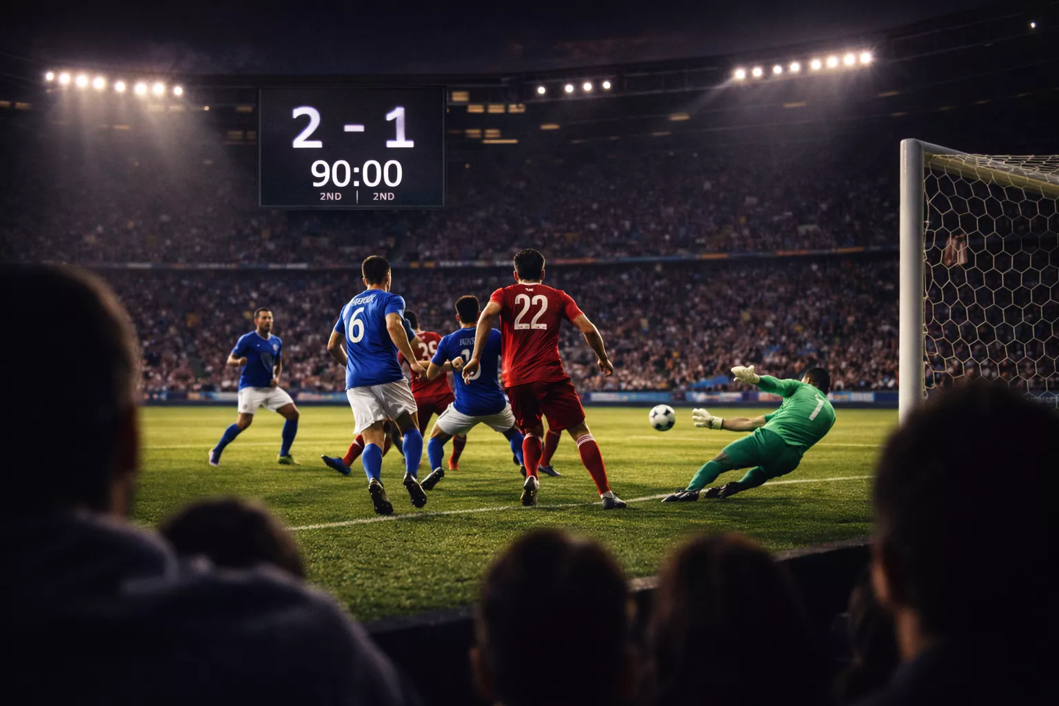 Partita di calcio in corso vista dallo stadio con il tabellone luminoso sullo sfondo