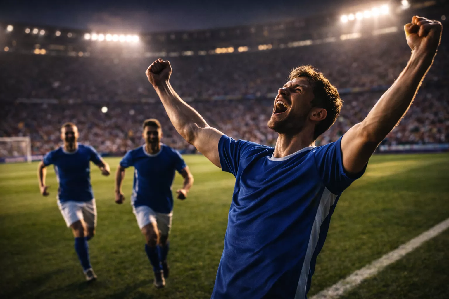 Calciatore che esulta dopo un gol con i compagni di squadra che corrono verso di lui