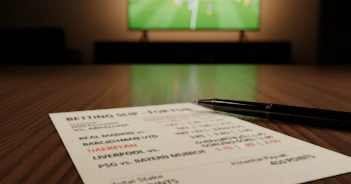 Ricevuta di una schedina multipla su un tavolo con una penna accanto e sfondo di stadio