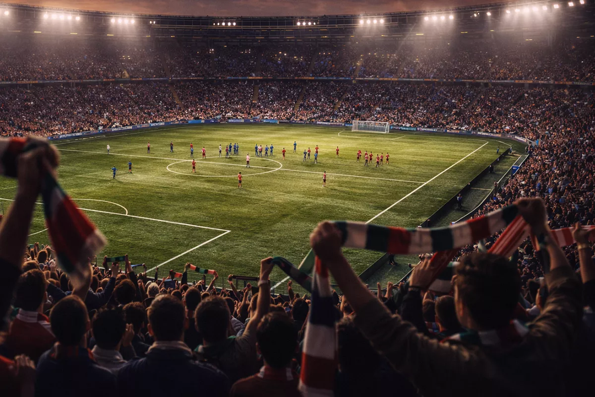 Panoramica di uno stadio italiano di Serie A durante una partita serale con spalti illuminati