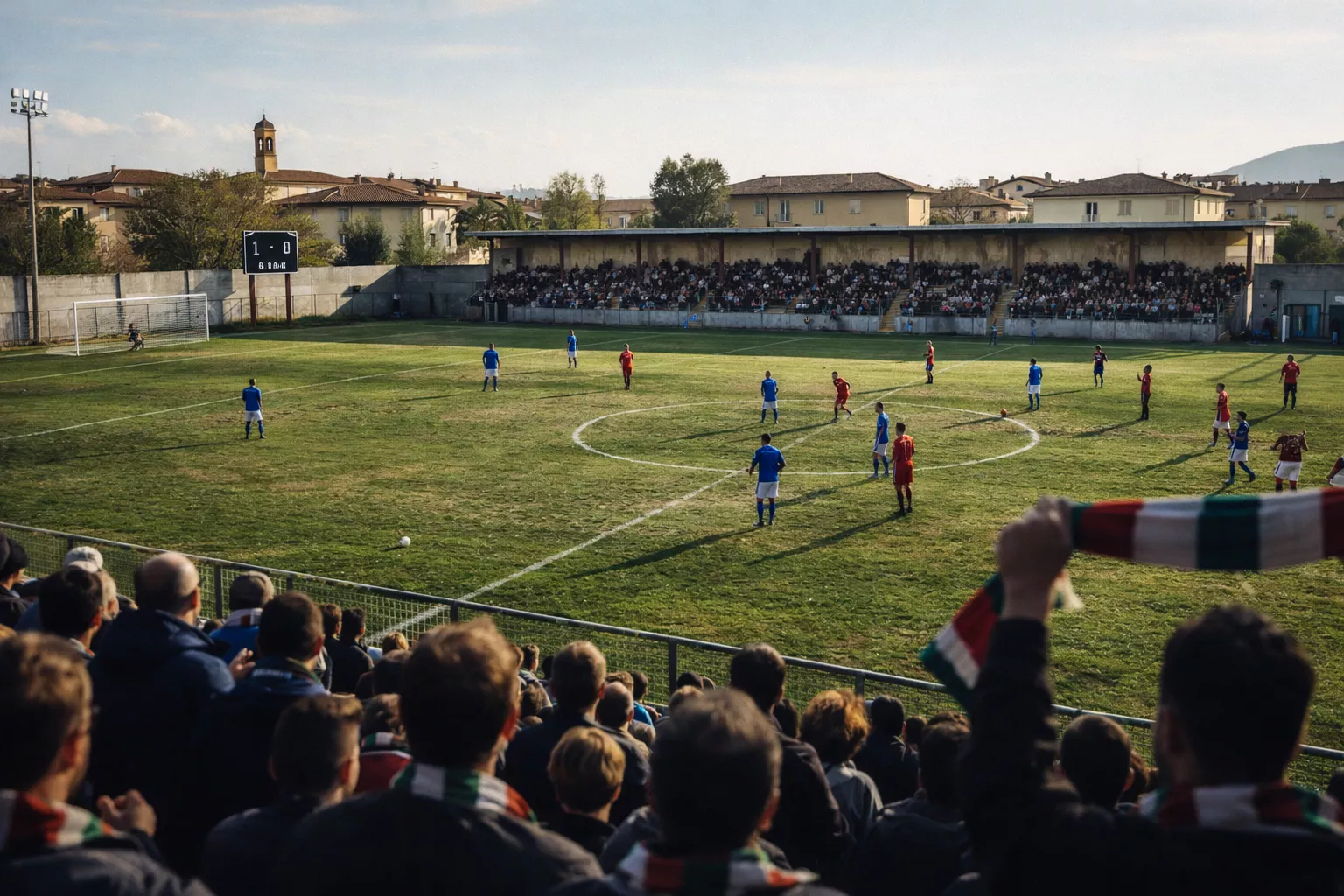 Piccolo stadio italiano di Serie B con tribune compatte e campo in erba durante una partita diurna