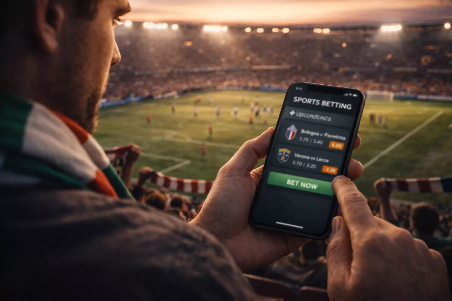 Tifosi italiani che seguono una partita di calcio allo stadio con smartphone in mano