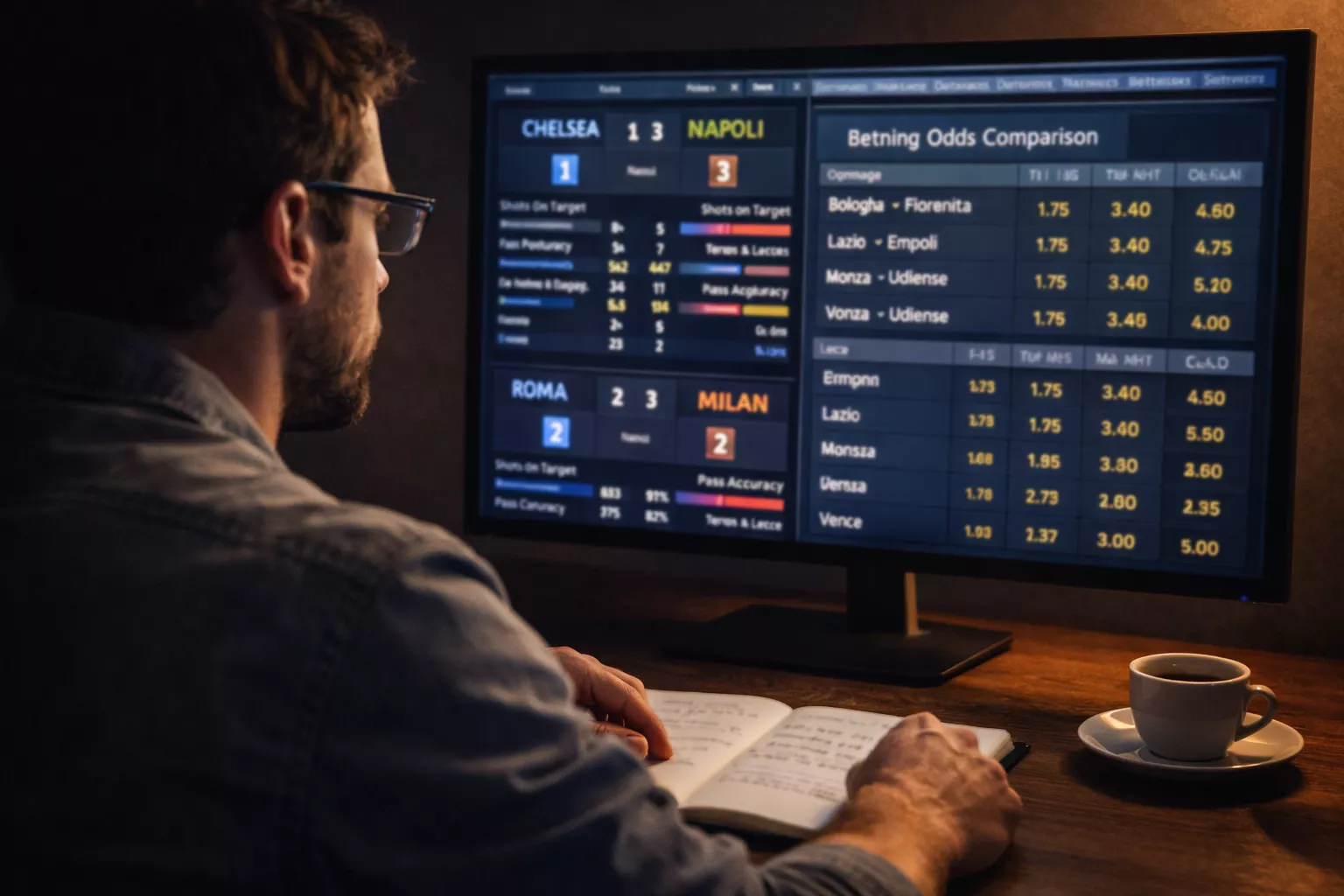 Analista sportivo che confronta dati e quote su uno schermo durante la preparazione delle scommesse